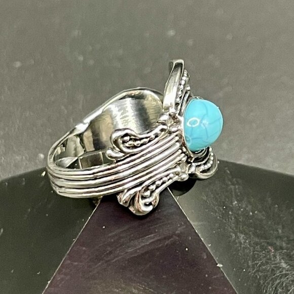 Boho Rose and Flowers with Faux Turquoise Adjustable Spoon Ring #1221 - Picture 8 of 16